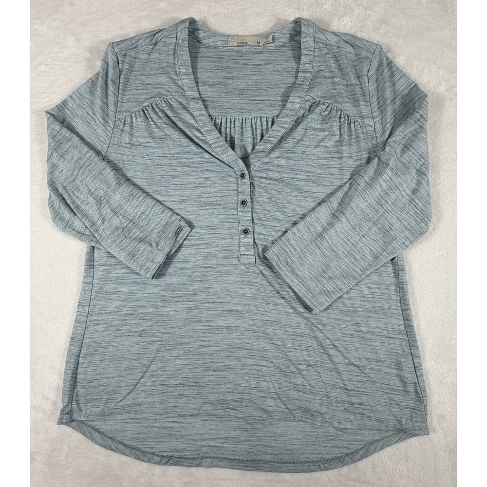 Prana Shirt Women's Size M Henley Blue Blanche Top‎ Long Sleeve Soft Hi Lo